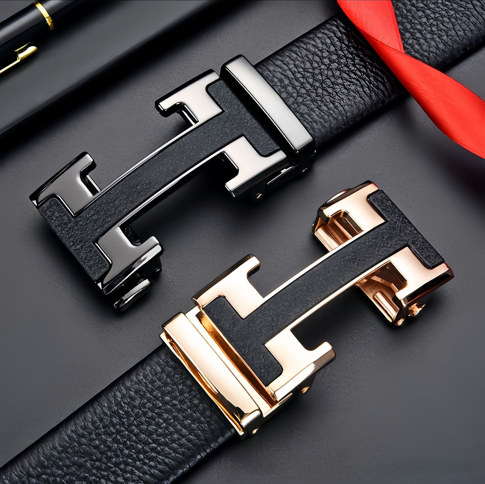 2026 New Designer Luxury Brand Top Cowhide Men's Belt H-shaped Buckle Genuine Leather Automatic Buckle Men's Youth Simple And Fashionable Me