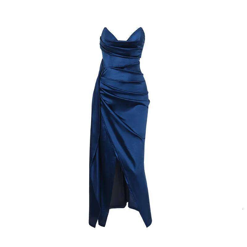 Autumn new European and American fashion temperament sexy slim deep V-waist satin slit dress female C260312