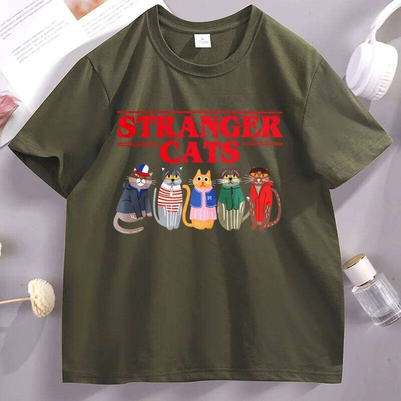 Stranger Cats T-Shirt Funny Printed Cotton Short Sleeve Loose Tee Shirt Soft High Quality O Neck Tshirt Breathable Casual Tops Z260312