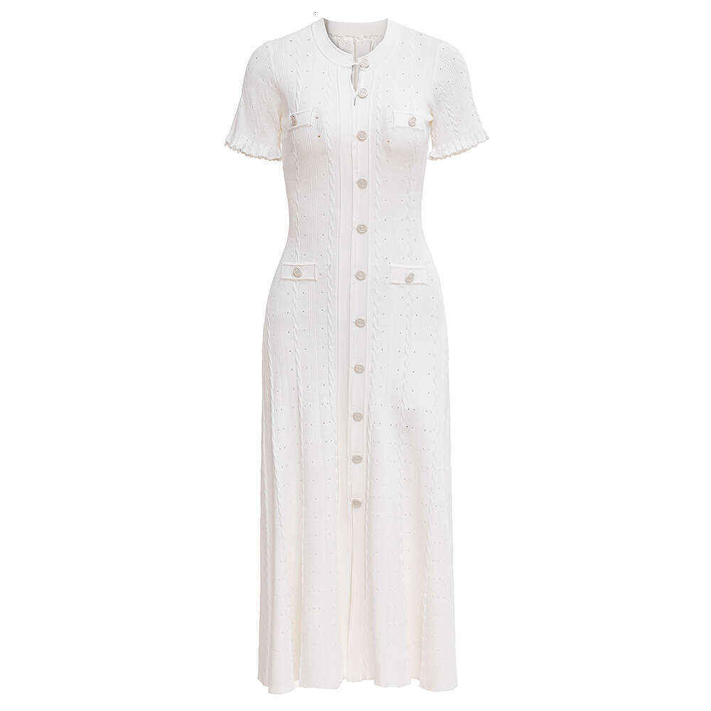 2026 Spring and Summer High Quality French Elegant Social Short Sleeve Hollow A13 Ribbed Single breasted Knitted Dress