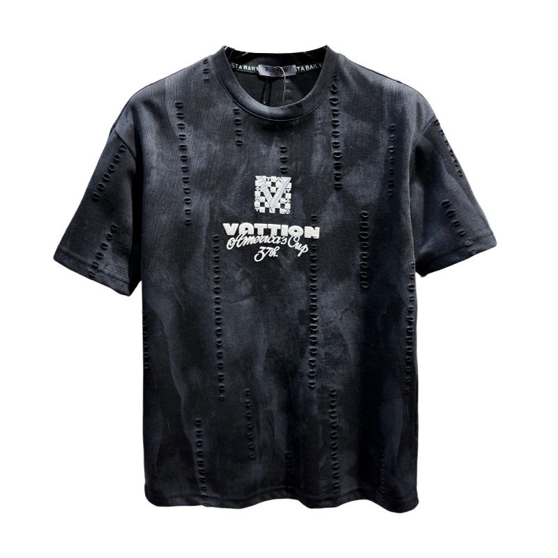 Luma hop European Men's High-End Design Sense Distressed Crew Neck Short T-Shirt Men 2025 New Trendy Brand Summer American Style Half Sleeve