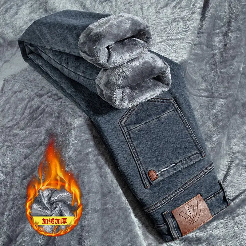 Winter Warm Mens Jeans Fleece Thickened Elastic Smoke Gray Black Business Straight Casual Denim Pants Man PlushClothes 260228