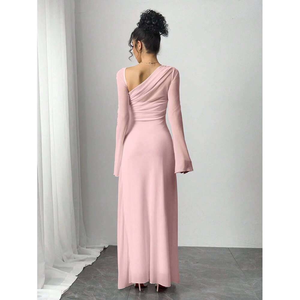 New spring/summer women's pink tulle explosion slim irregular diagonal shoulder ultra long dress C260312