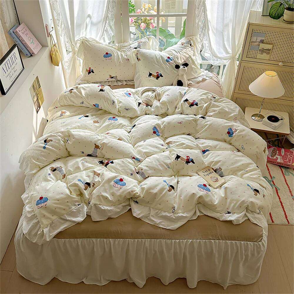 French Style Cute Girl Heart Four Set, Washed Cotton Bed Sheet Hat Student Duvet Cover Three Piece Set H260312