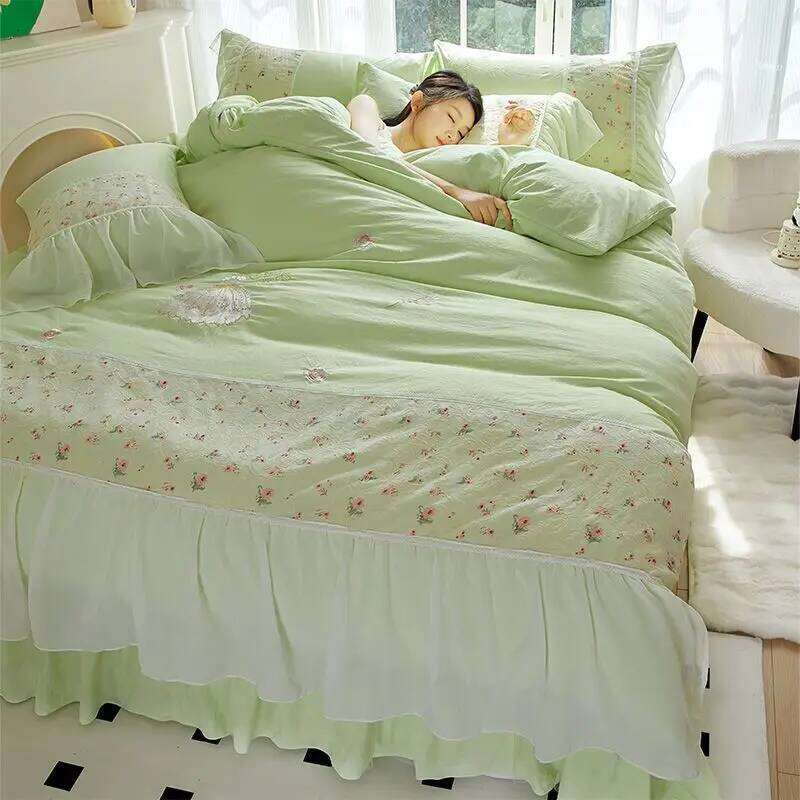 Washed Cotton Four-piece Korean Princess Ruffled Sheet Quilt Cover Set Skirt Ins Style Bed Three-piece H260312
