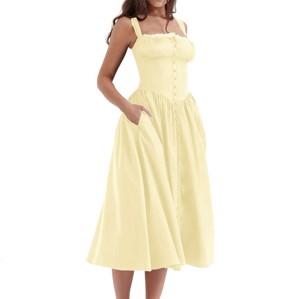 2026 Summer Camisole Dress with Front Buttons, Back Tie, Waist-Cinching, Lace Trim Above the Bust, European and American Cross-Border Supply