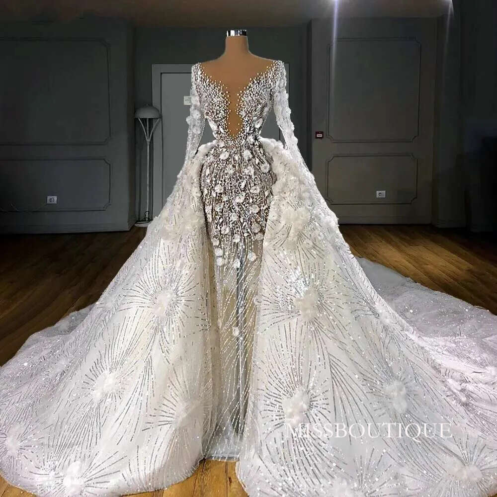 Scoop Neck Wedding Dresses Long Sleeves Pearls Detachable Train Wers Sequined Bridal Dress Vestidos De Novia B0312