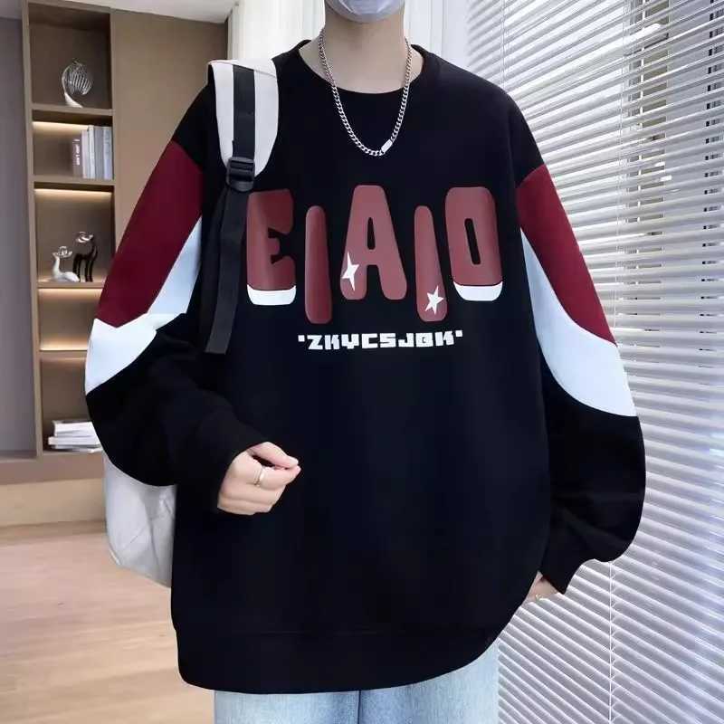 Autumn Mens Loose Sweatshirt M-6XL Korean Trendy Long Sleeve T-shirt Fashion Mens Clothing Black O Neck Harajuku Top New M260312