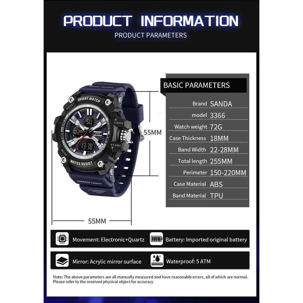 SANDA 3366 Fashion G Style Sports Multi functional Waterproof Calendar Night Light Men's Electronic Watch
