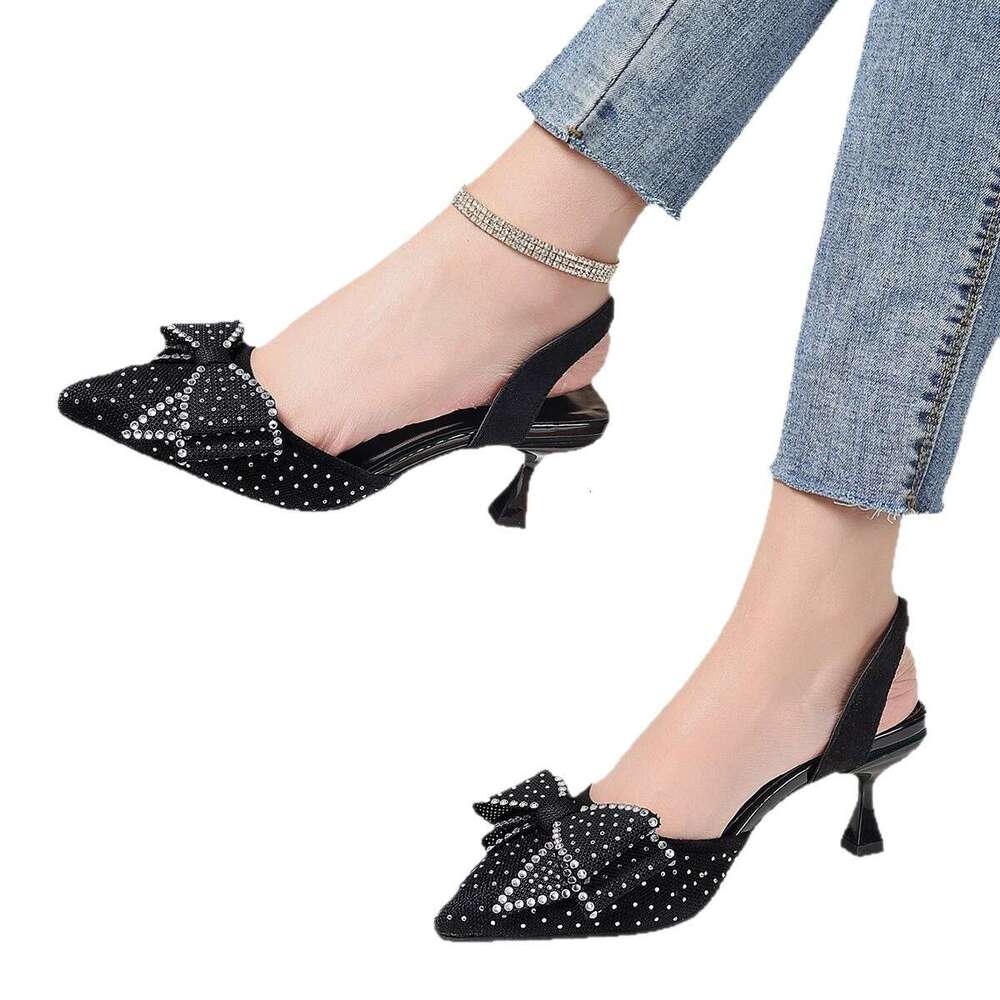 Petite Elegant Rhinestone Pointed Toe Bow High Heels Women Summer New Thin Heel Export Closed-Toe Sandals Size 43