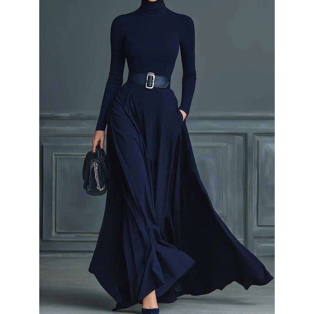 Long Sleeve Simple Holiday Party Women Autumn Turtleneck Elegant Maxi New Patchwork Slim Fit Ladies Dress Vestidos C260312