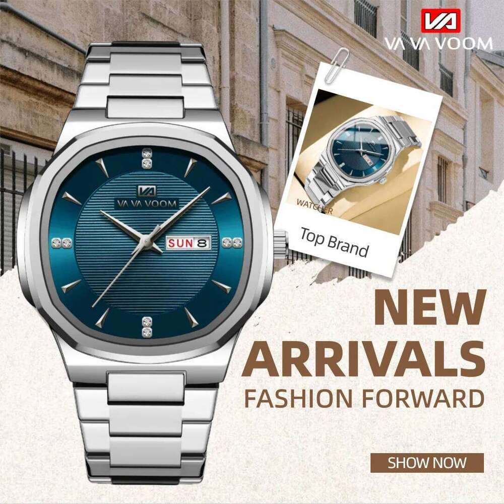 VA VOOM Brand Men Stainless Steel Watch Fashion Rhinestone Quartz Movement Classic Clock Gorgeous Watches Relogios Masculino