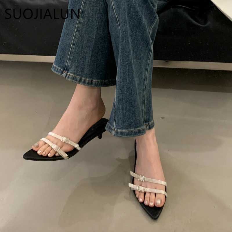 SUOJIALUN 2025 Summer New Women Slipper Fashion Narrow Band Ladies Elegant Slides Thin Low Heel Outdoor Dress Sandal Pumps Shoes K260312