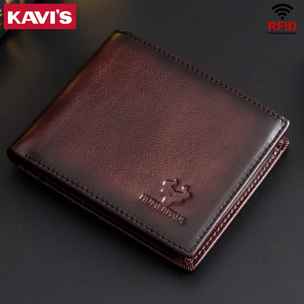 KAVIS Handmade Mens Wallet Genuine Leather RFID Card Holder with ID Window Large Capacity Male Storage Money Bag Fashion 260304