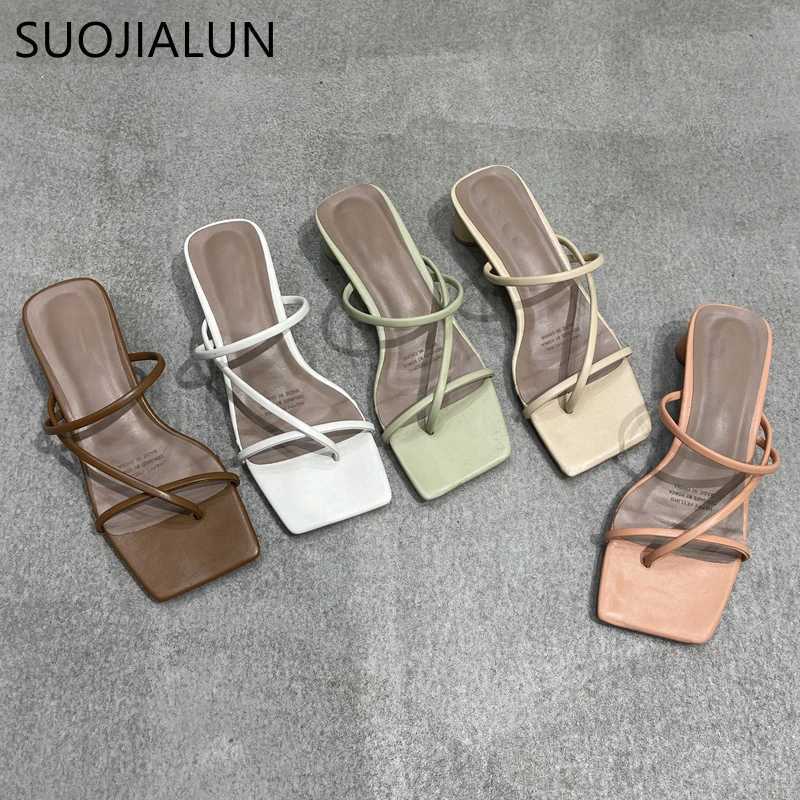 SUOJIALUN Summer Square Low Heel Women Slipper Fashion Narrow Band Ladies Sandal Outdoor Beach Casual Slides Shoes Big Size 40 K260312