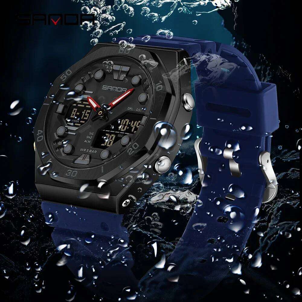 SANDA 6306 Fashion Men's Electronic Dual Display Multifunctional Night Light Alarm Clock Waterproof Cool Unisex Watch 2026