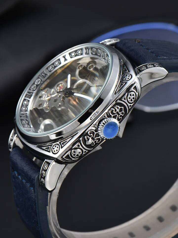 LONGLUX automatic retro style wholesale mechanical wristwatches skeleton carve waterproof leather no logo mens watch