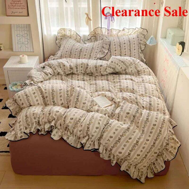 New cream lace girl powder grid Korean version bed four-piece set washed cotton double-layer yarn quilt cover dormitory H260312