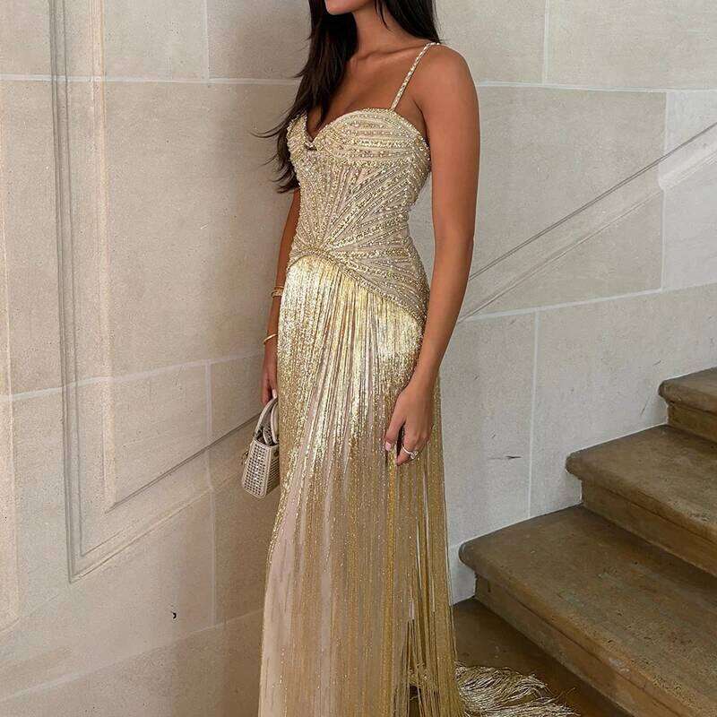 New 2026 Women's Banquet President Fashion Sequin Tassel Slim Cocktail Elegant Temperament Off Shoulder Strap Dress C260312