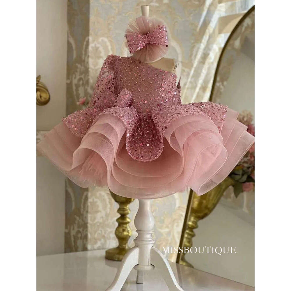 Pink White Shiny Flower One Shoulder Long Sleeve Sequined Big Bling Bowtie Ruffles Tulle Puff Birthday Party Dresses Gowns Pageant Dress For Girl 403 
