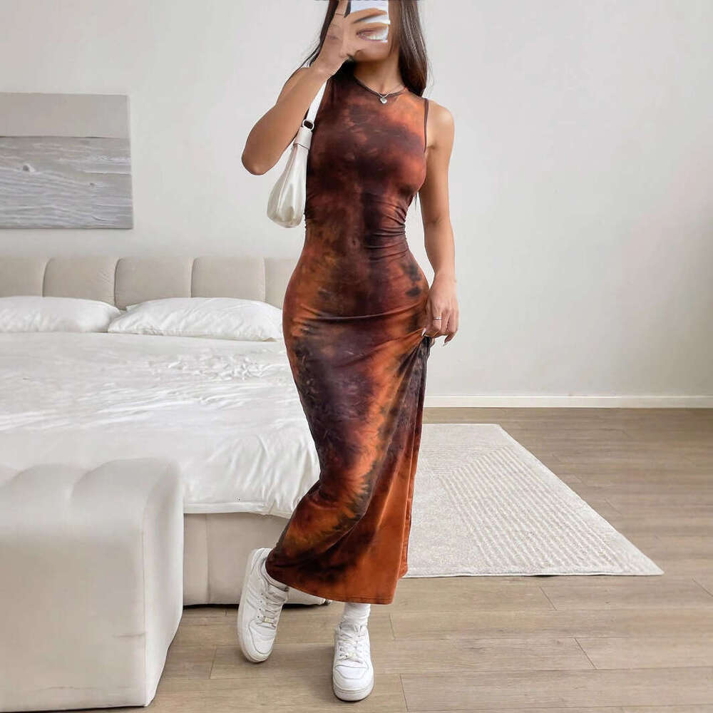 In Stock European and American 2025 Spring Summer Export Women's Sexy Sleeveless Printed Mid-Length Slim Fit Tank Dress for Women