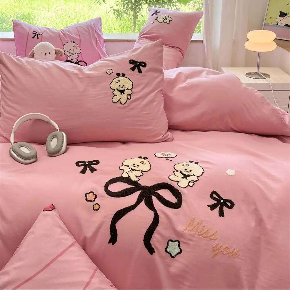 Cartoon Embroidery Bedding Double Sided Printing Duvet Pillowcase Washed Cotton Four-Pieces Set Quilt Cover Bed Sheet H260312
