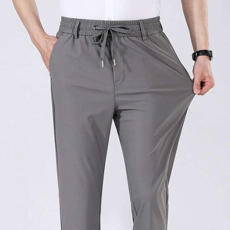 High Quality Mens Stretch Casual Elastic Waist Sweatpants Ice Silky Comfortable Pants Wrinkle Resistant Running Slacks