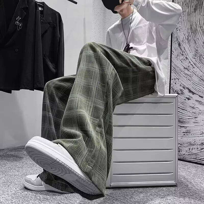 Checkered men's spring and autumn fat plus size trendy loose Korean version versatile wide leg casual pants spor