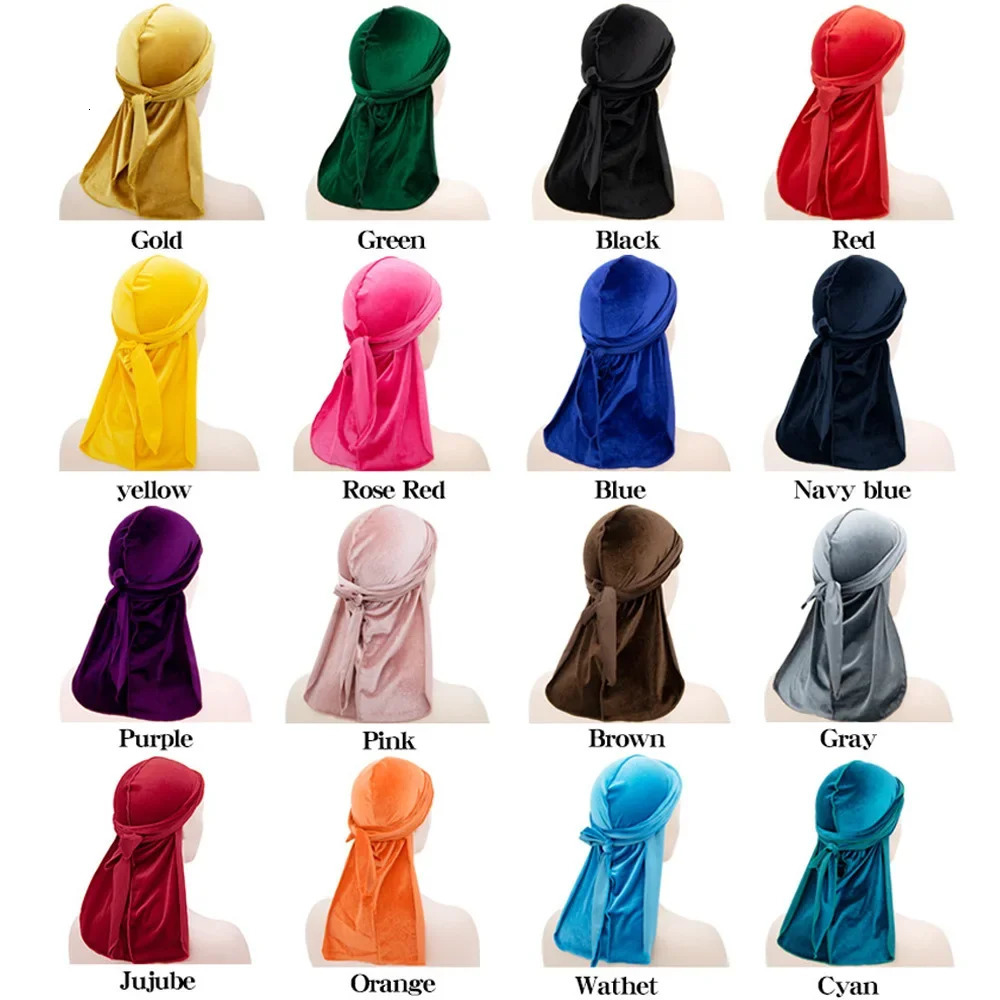 Unisex Women Men Velvet Durag Long Tail Headwrap Bandana Elastic Durags Wave Caps Mens Doo Rag Turban Cap Hip-hop Pirate Hat 260304