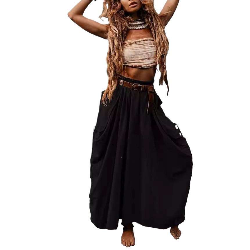 European American women's casual 2026 new model, bohemian loose-fitting organic cotton long skirt with drawstring and large pockets