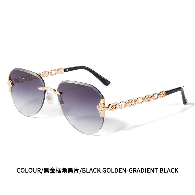 Frameless Cut Edge Light Luxury Women With Metal Chain Temples Hollow Slimming Sunglasses For Beach Photos UV Protection