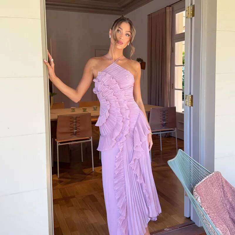 Elegant Purple Halter A Line Prom Gowns Ruffles Tiered Backless Party Gown Summer Vacation Chiffon Long Evening Dress C260312