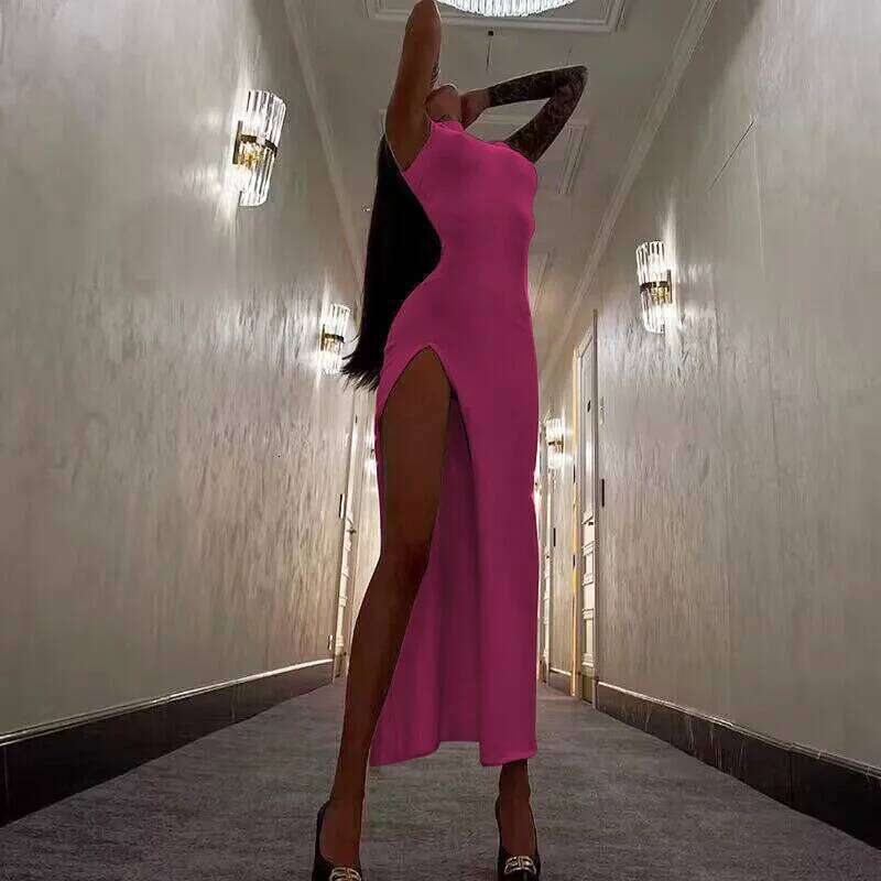 Y2k Sleeveless Orange Midi Women's Dresses Side Slit Turtleneck Setting Bodycon Sexy Party Elegant Dress 2024 Basic Vintage Robe C260312