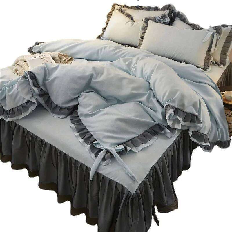 Lace Four Solid Color Girl Skirt Princess Style Bed Duvet Cover Three Piece Set 3pcs 4pcs H260312