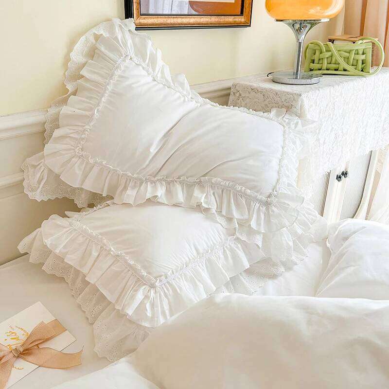 4Pcs White Korean Princess Style 100% Cotton Bedding Set Double Layer Lace Ruffles Duver Cover Bed Skirt Bedspread Pillowcases H260312