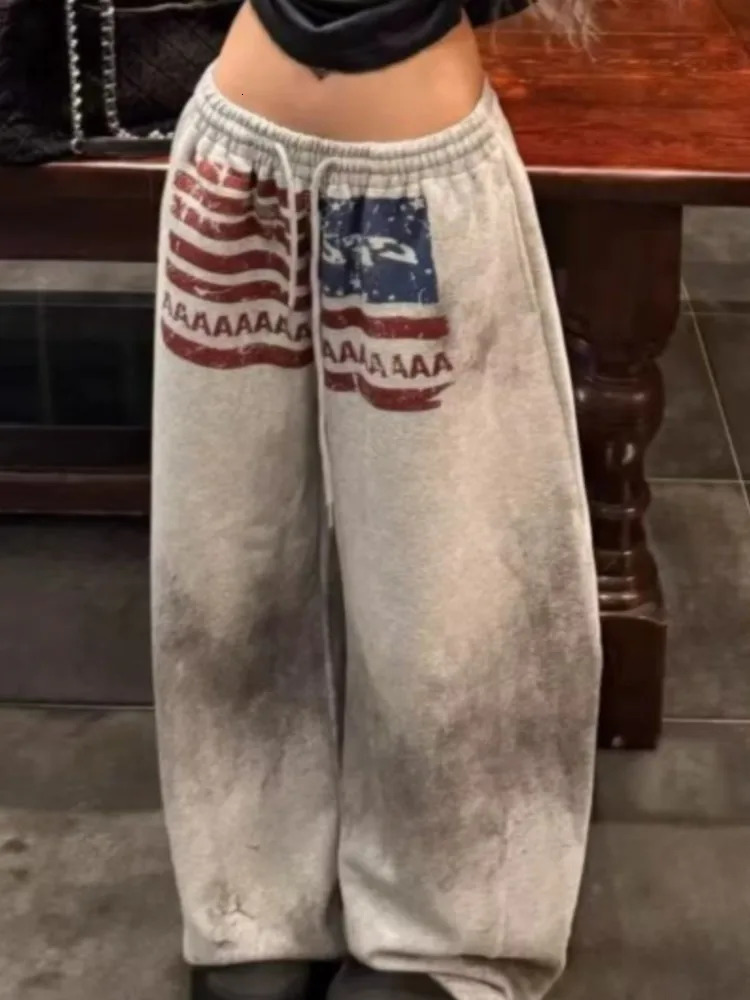 Y2K College American Hip-hop Goth Print Drawstring Wide Leg Sweatpants Loose 90s High Street Sports Trousers Floor Length Pants 260310