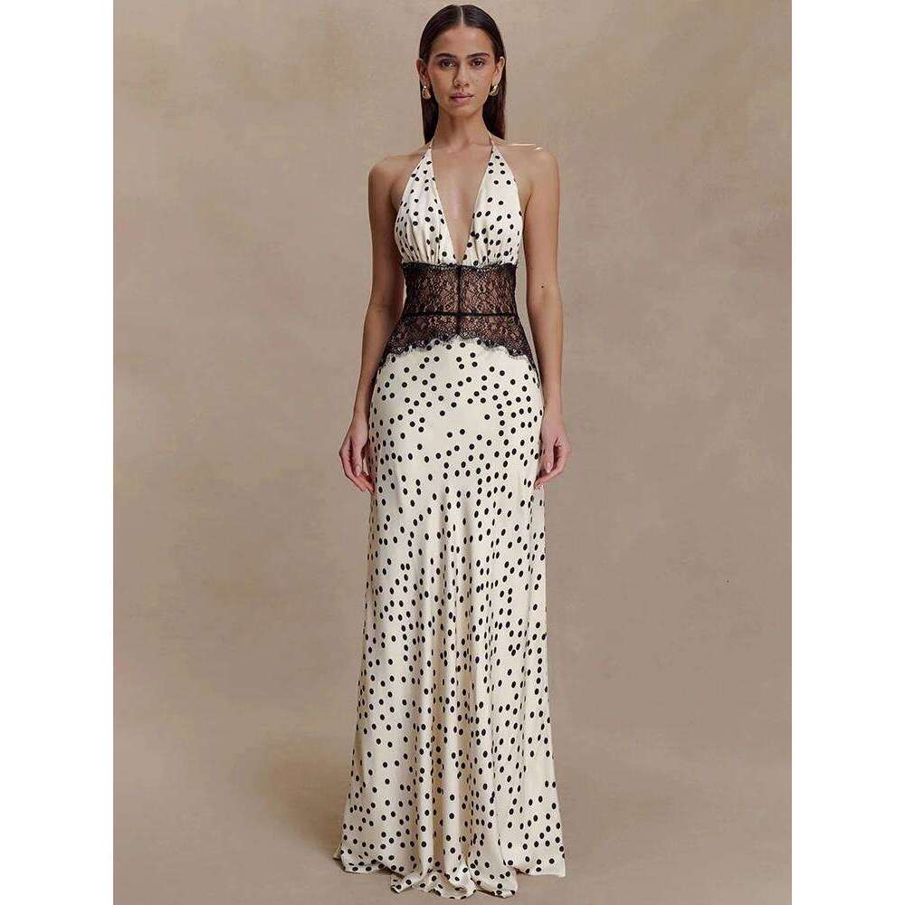 Mozision Polka Dot Backless Sexy Maxi Women Gown Elegant Patchwork Lace Halter Deep V Neck Sleeveless Bodycon Club Dress C260311
