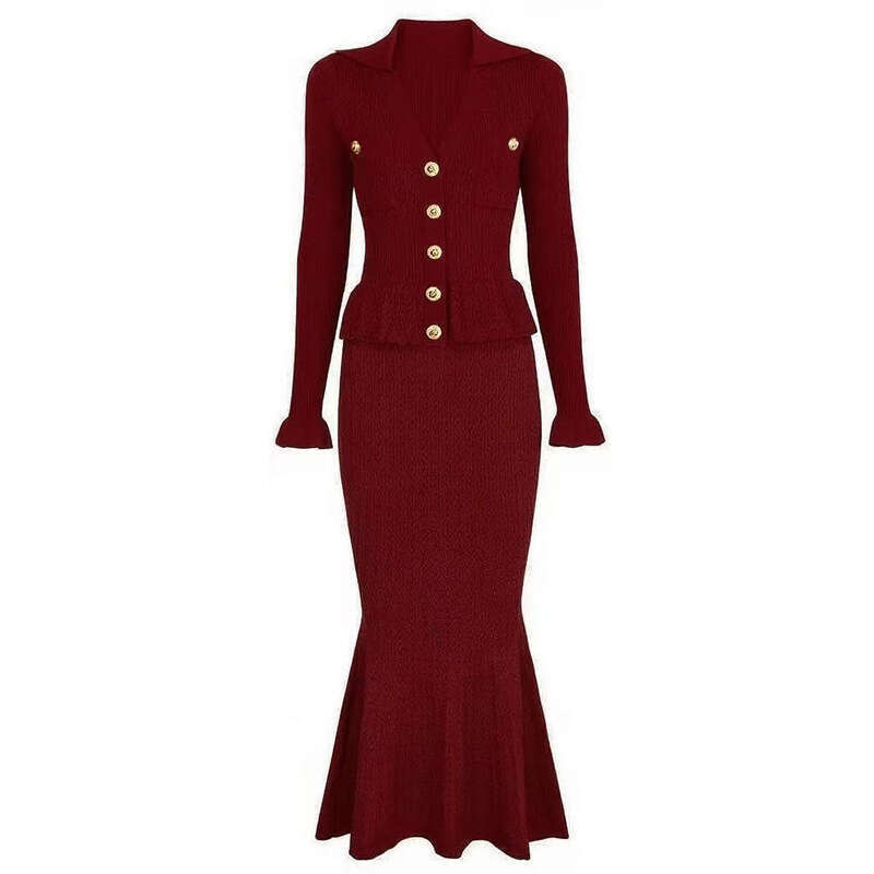 2026 Spring and Summer Elegant Social Dress Thin Hollow Knitted A15 Collar Top with Ruffle Sleeves and Fitted Fishtail Skirt Set