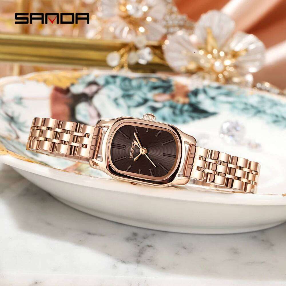 SANDA Genuine New Quartz Watch Casual Fashion Rose Gold Case Womens Watches Maroon Leather Strap Waterproof P1104