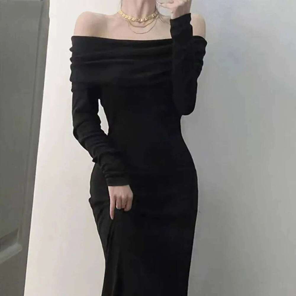 One Shoulder Style Sleeve Dress For Women In Spring And Summer Ladies Fashion Solid Color Sexy Basic Slim Fit Long Skirt C260312