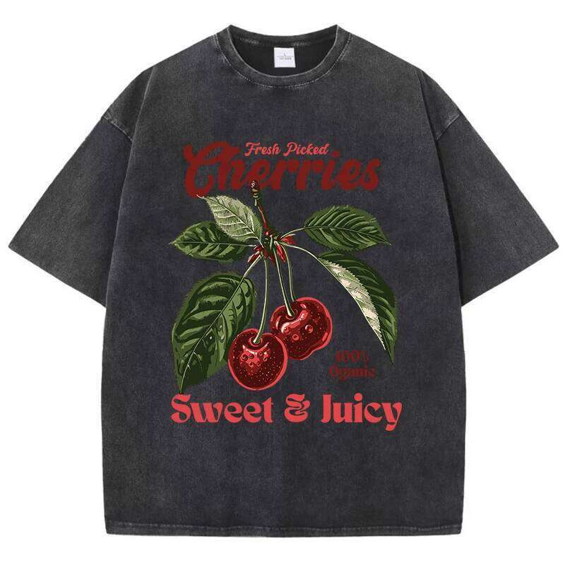 Fresh Picked Cherries Cottonwashed T Shirts Women Sweet Fruit Print T-Shirt Distressed Oversize O-Neck Tops Street Woman Clothes Z260312