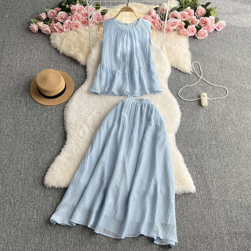 2026 Designer Gentle Style Women's Two Piece French Sweet Loose Sleeveless Top A19 High Waist Slimming Trumpet Skirt