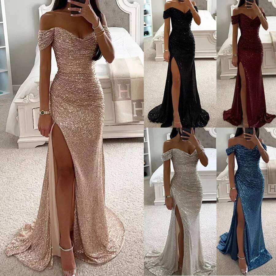 Womens Dresses New Party Sequin One Line Neckline Slit Casual Fashion Dress for Women C260312