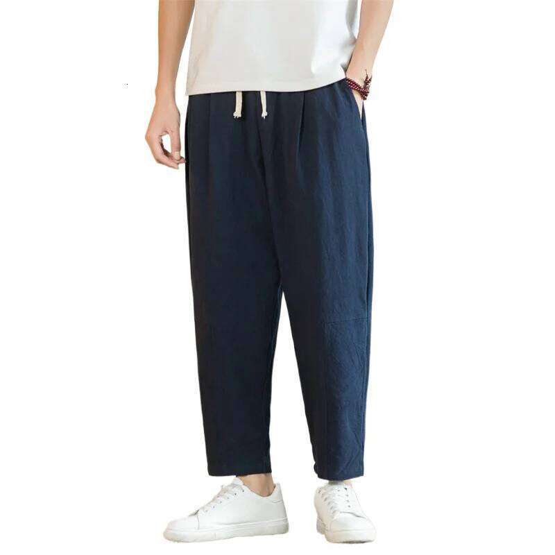 Streetwear Cotton Trousers Casual Solid Color Long Breathable Drawstring Straight Harem Men Baggy Pants