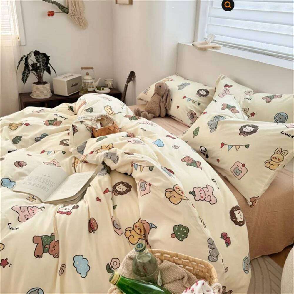 Korean Style Sausage Dog Floral Girl Heart Four Set, Washed Cotton Bed Sheet Hat Student Duvet Three Piece Set H260312