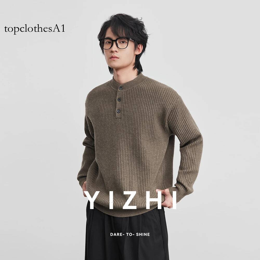 Fashion Men's 7-needle Henley Collar Vertical Knit Sweater 2026 Spring New Loose Solid Color Versatile Long Sleeve Pullover