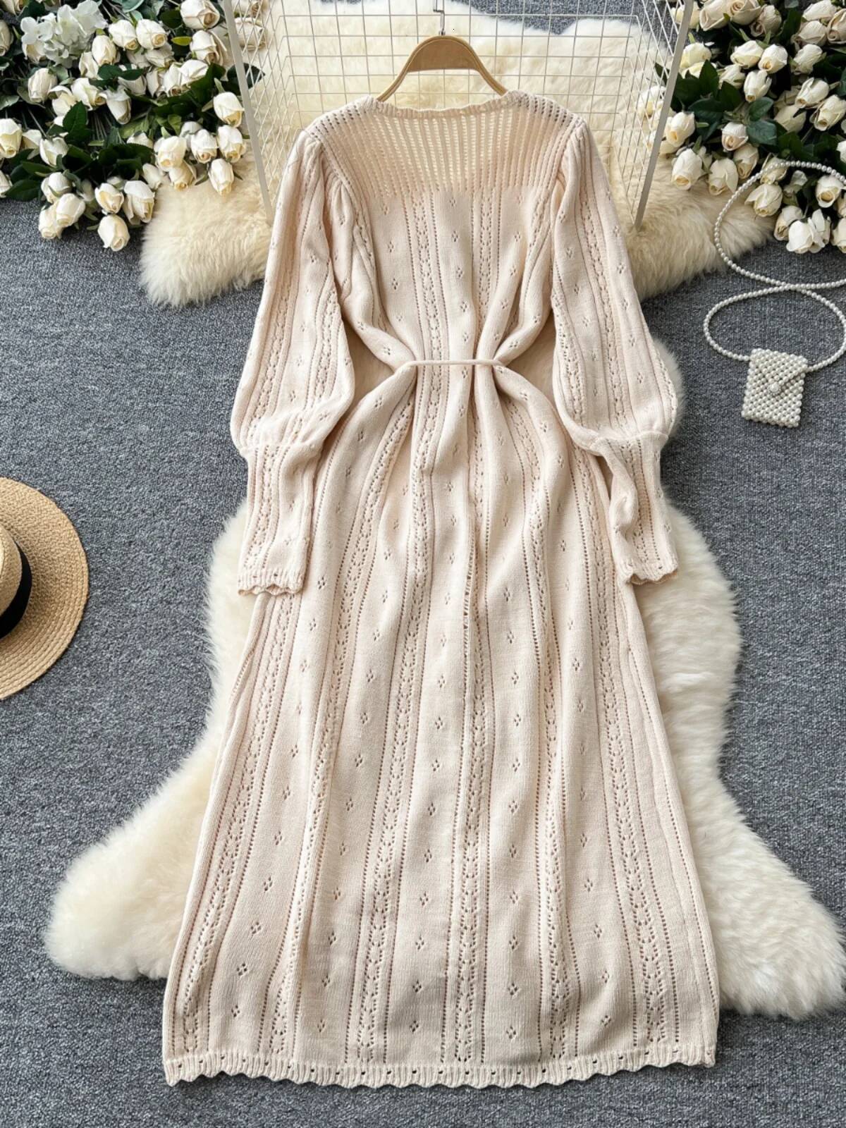 Sweet Hollow out Knitted Women's Autumn Winter High Lantern Sve Bindi Waist Long Dr Korean Sle Commute