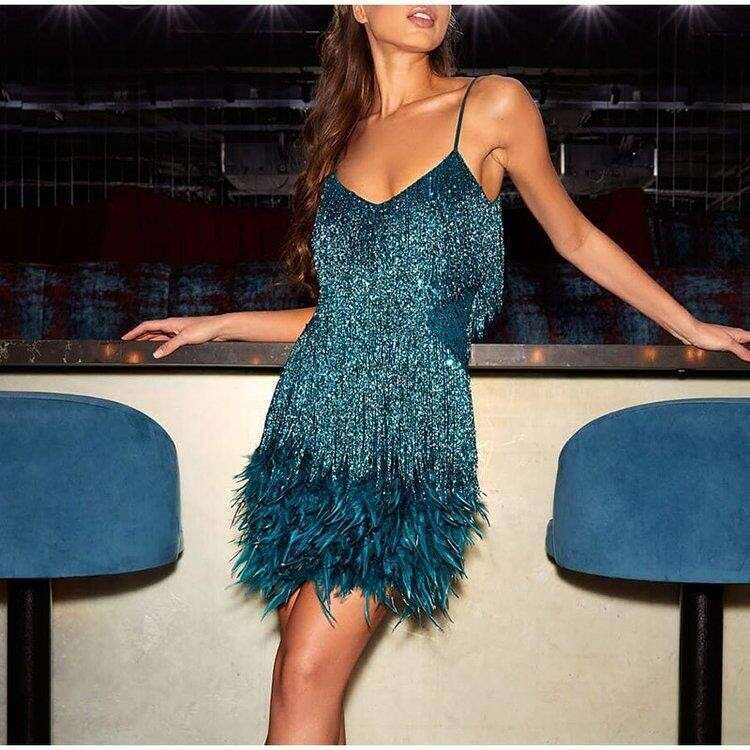 2026 Fashionable Tassel Sequin Multi-color Birthday Party Sexy V-neck Strap Feather Patchwork Dress