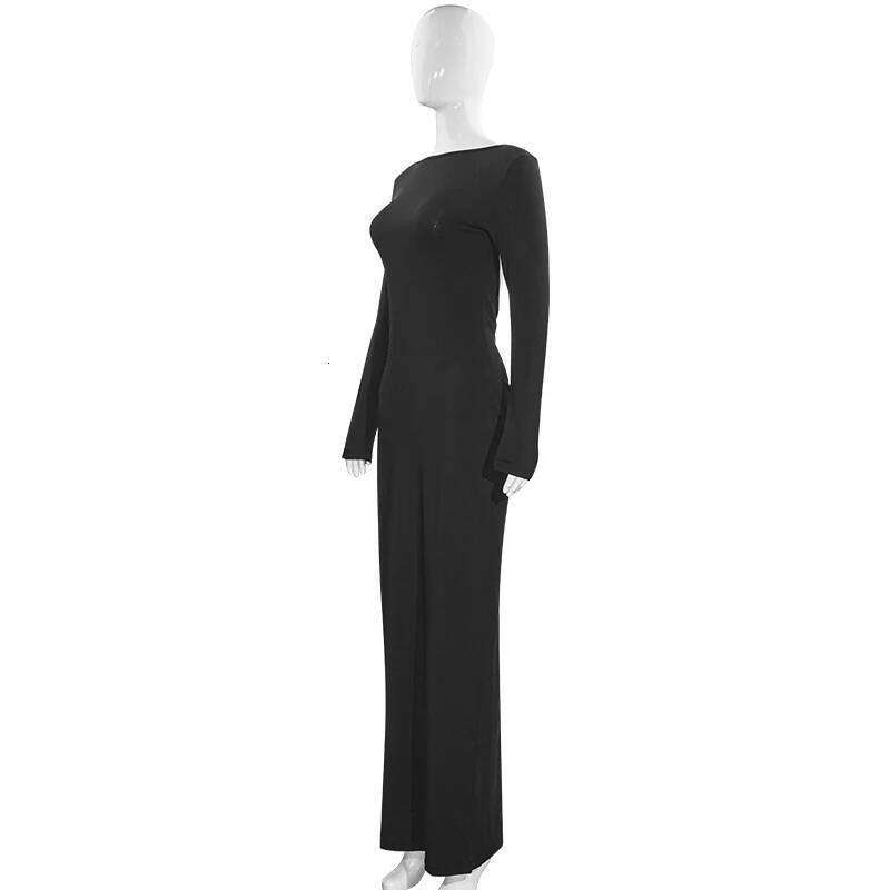 Sexy European And American Girl Pure Color Slim Fit Long Sleeve Backless Dress Spring 2025 New Arrival Elegant Evening Gown C260312