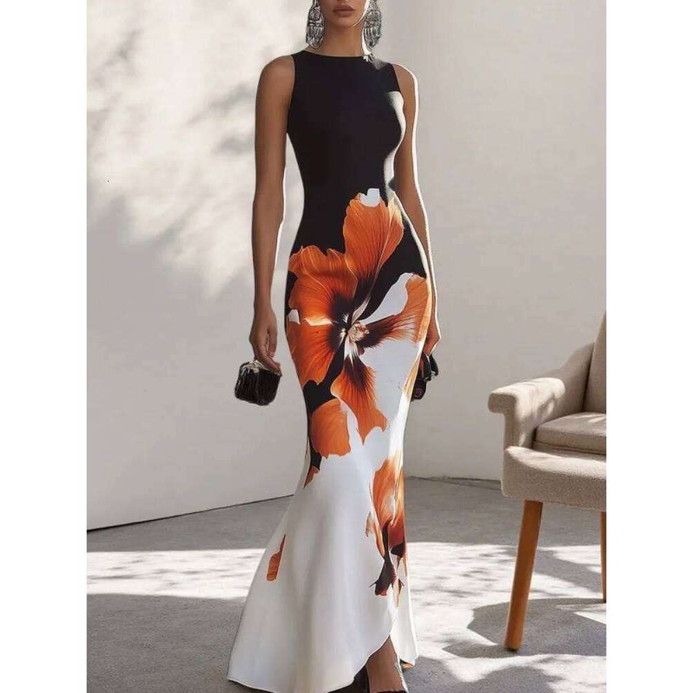 Gymystars Skinny Sleeveless Flower Print Women's Evening Dresses Elegant Sexy Outfit Black White Flowers Party Dress Robe C260312